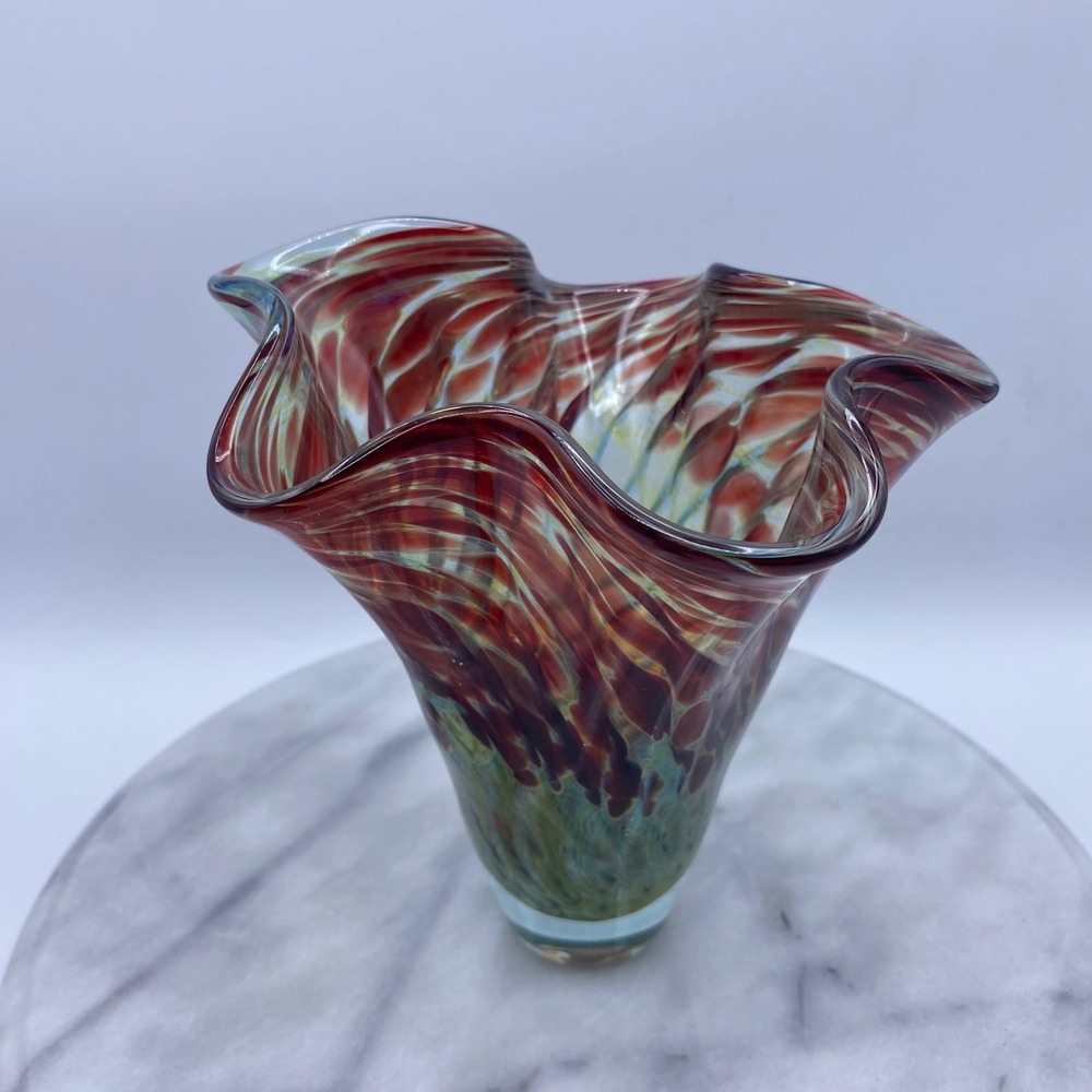 Vintage Artist Signed Studio Abstract Art Glass 1998 Handblown Ruffled Vase 7.5"
